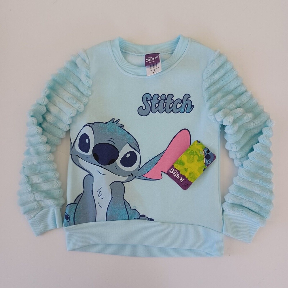 Disney NWT Stitch‎ Pullover Sweatshirt Fuzzy Sleeves Crew Neck Top Size 4T